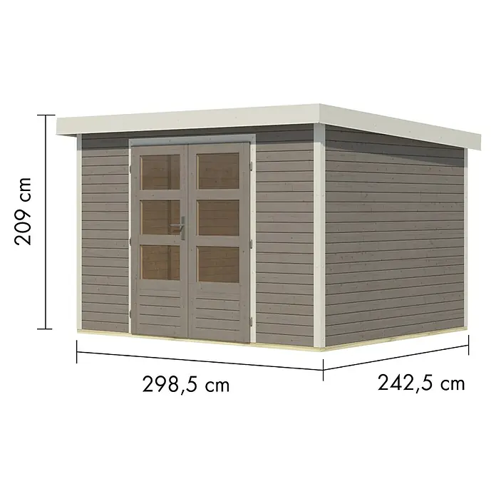 Karibu Gartenhaus Jupiter 5 D - Außenmaß inkl. Dachüberstand (B x T): 320,5 x 266,5 cm, Holz, Wassergrau/Weiß - Graues Holzgerätehaus mit Doppeltür und Flachdach. Maße: 209h x 298,5b x 242,5t cm.