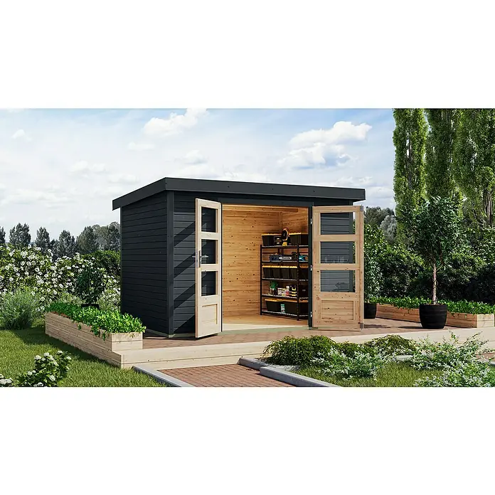 Karibu Gartenhaus Jupiter 4 C - Außenmaß inkl. Dachüberstand (B x T): 322 x 236,5 cm, Holz, Anthrazit - Abbildung eines modernen Gartenhauses mit offenen Holztüren, das Einblick auf ein Regal mit Werkzeugen und Zubehör gewährt.