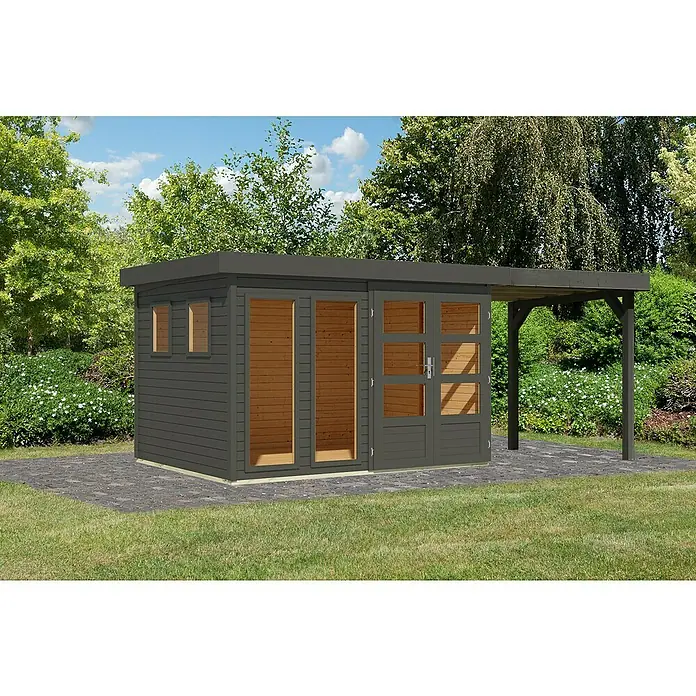 Karibu Gartenhaus - Außenmaß inkl. Dachüberstand (B x T): 554 x 262 cm, Holz, Terragrau, Mit Seitendach - Dieses Bild zeigt einen modernen Gartenhaus Bausatz mit Flachdach und einer überdachten Terrasse, ideal für den Außenbereich.