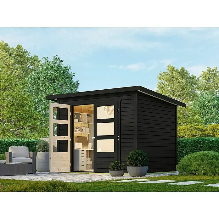 Karibu Gartenhaus Stockach 3 - Außenmaß inkl. Dachüberstand (B x T): 282 x 210 cm, Holz, Schwarz - Ein modernes, schwarzes Gartenhaus mit offenen Holztüren, das als Büro oder Rückzugsort im Grünen dient. Ideal für Homeoffice im Garten.