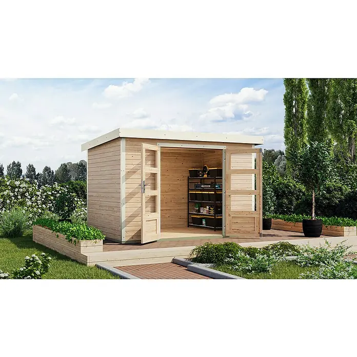Karibu Gartenhaus Jupiter 4 A - Außenmaß inkl. Dachüberstand (B x T): 322 x 236,5 cm, Holz, Naturbelassen/Weiß - Modernes Holzgartenhaus mit Doppeltür geöffnet. Das Gartenhaus bietet zusätzlichen Stauraum für Gartengeräte und mehr.