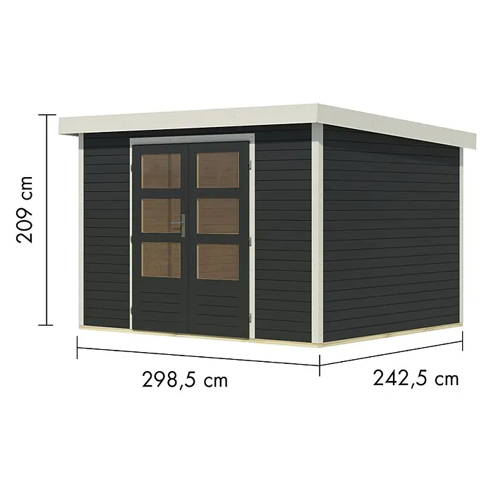 Karibu Gartenhaus Jupiter 5 C - Außenmaß inkl. Dachüberstand (B x T): 320,5 x 266,5 cm, Holz, Anthrazit/Weiß - Moderner, dunkelgrauer Gartenhaus mit weißem Dach und Verkleidung, Doppeltüren mit Fenstern.