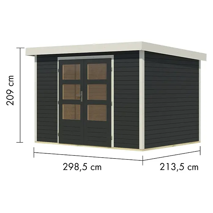 Karibu Gartenhaus Jupiter 4 C - Außenmaß inkl. Dachüberstand (B x T): 322 x 236,5 cm, Holz, Anthrazit/Weiß - Dunkelgraues Gartenhaus mit hellem Rahmen, Doppeltüren mit Glasscheiben und Flachdach. Maße: 209x298,5x213,5 cm.