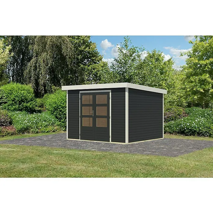 Karibu Gartenhaus Jupiter 5 C - Außenmaß inkl. Dachüberstand (B x T): 320,5 x 266,5 cm, Holz, Anthrazit/Weiß - Ein modernes Gartenhaus mit Doppeltür und Flachdach fügt sich nahtlos in die grüne Umgebung ein und bietet zusätzlichen Stauraum im Freien.