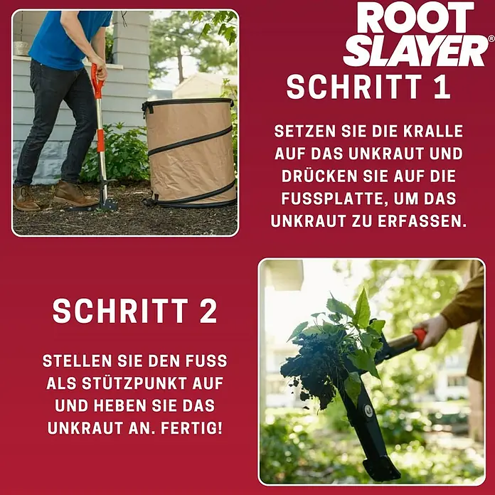 Root Slayer Unkrautstecher - Länge: 100 cm - Bild mit dem Root Slayer Unkrautstecher, der in zwei Schritten die Unkrautentfernung zeigt.