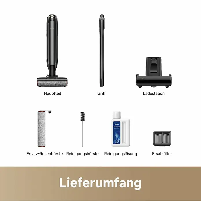 Mova Akku-Nass-Trockensauger M10 - Saugkraft: 18.000 Pa, Akkulaufzeit: 40 min, Wassertankvolumen: 0,8 l - Lieferumfang des Moova-Saugwischers: Hauptteil, Griff, Ladestation, Ersatz-Rollenbürste, Reinigungsbürste, Reinigungslösung und Ersatzfilter.