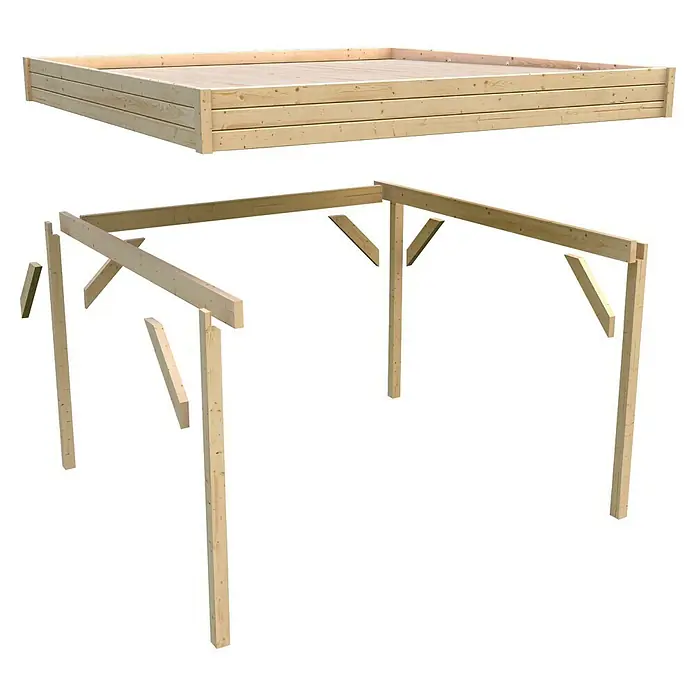 Karibu Gartenpavillon Cubeco - 453 x 231 cm, Holz, Natur - Holzkonstruktion: Eine vielseitige Holzstruktur, die für verschiedene Bauprojekte geeignet ist, mit robusten Balken und präziser Verarbeitung.