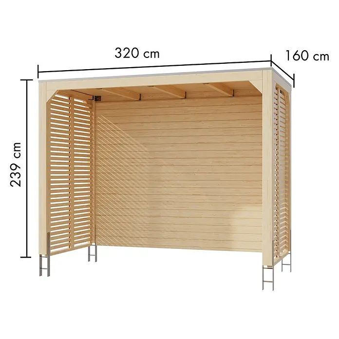 Karibu Grillpavillon - B x T: 320 x 160 cm, Farbe Gestell: Naturbraun, Holz - Modernes helles Holz-Vordach (320x160x239 cm) mit Lamellenwänden und Flachdach, Metallstützen.