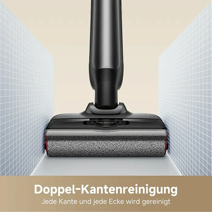 Mova Akku-Nass-Trockensauger M10 - Saugkraft: 18.000 Pa, Akkulaufzeit: 40 min, Wassertankvolumen: 0,8 l - Das Bild zeigt einen Moeva-Staubsauger, der mit seiner Doppel-Kantenreinigungsfunktion jede Kante und Ecke sauber hält.
