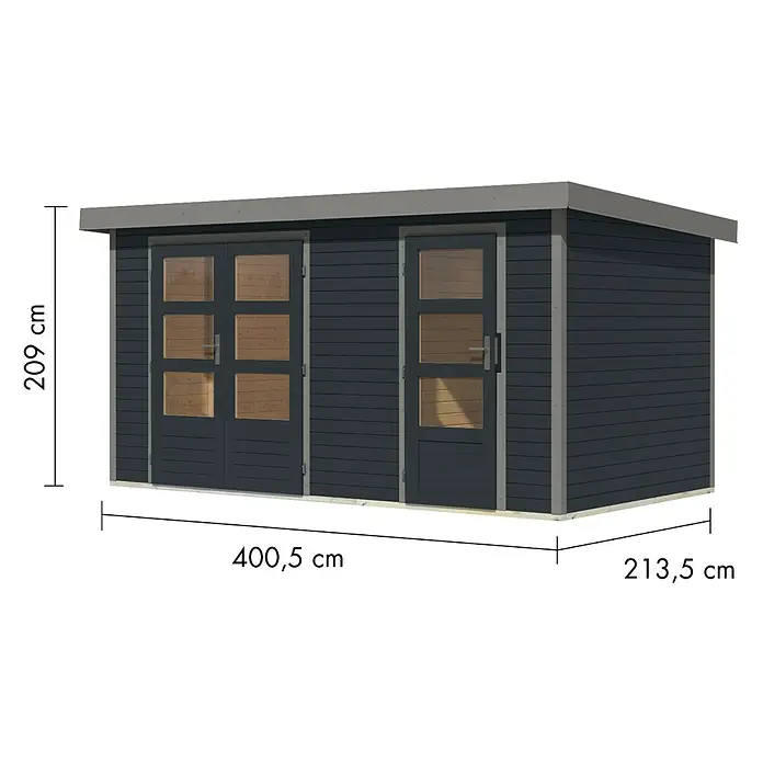 Karibu Gartenhaus Merkur C - Außenmaß inkl. Dachüberstand (B x T): 431,5 x 235 cm, Holz, Anthrazit/Grau - Dunkelgraues Gartenhaus mit zwei Türen und hellem Dach. Maße: 400,5x213,5x209 cm.