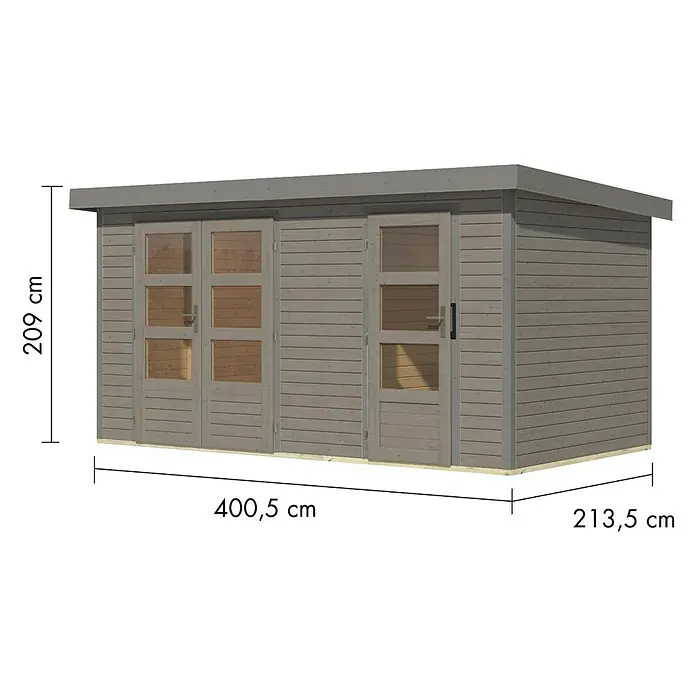 Karibu Gartenhaus Merkur D - Außenmaß inkl. Dachüberstand (B x T): 431,5 x 235 cm, Holz, Wassergrau/Grau - Graues Holzgartenhaus mit Glastüren und Flachdach. Maße: 209x400,5x213,5 cm.