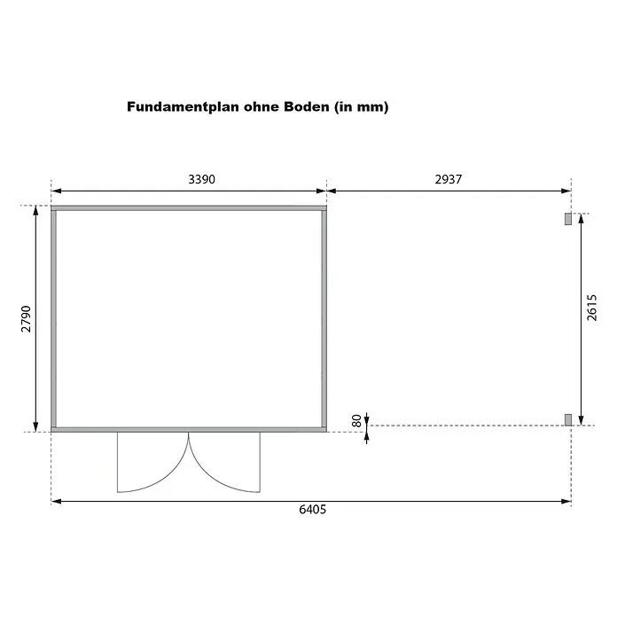 Karibu Gartenhaus - Außenmaß inkl. Dachüberstand (B x T): 678 x 333 cm, Holz, Naturbelassen, Mit Seitendach - Technischer Fundamentplan eines Gebäudes mit Anbau, Maße in mm angegeben.