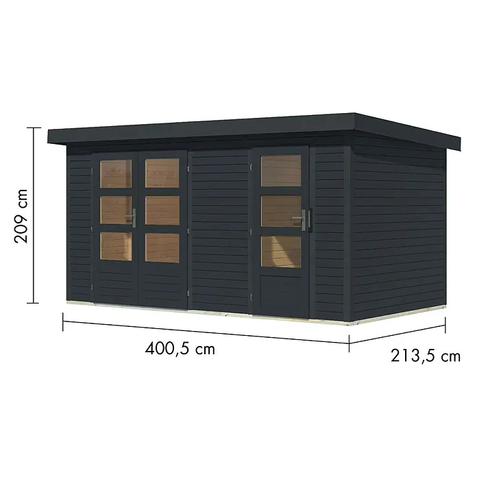 Karibu Gartenhaus Merkur C - Außenmaß inkl. Dachüberstand (B x T): 431,5 x 235 cm, Holz, Anthrazit - Dunkelgraues Gartenhaus mit Flachdach und mehreren verglasten Türen, Maße 400,5 x 213,5 x 209 cm.