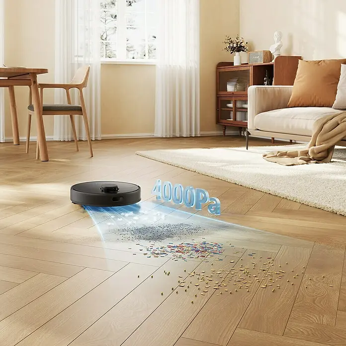 Dreame Robot aspirador con mopa D9 Max - Potencia de aspiración: 4.000 Pa, Duración de la batería: 150 min, Capacidad del robot: 570 ml - El elegante robot aspirador con una potencia de succión de 4000Pa limpia sin esfuerzo partículas de colores del suelo de madera.