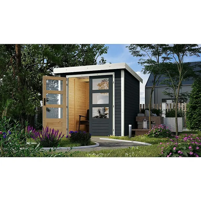 Karibu Gartenhaus Jupiter 2 C - Außenmaß inkl. Dachüberstand (B x T): 228,5 x 235 cm, Holz, Anthrazit/Weiß - Das Bild zeigt ein modernes Gartenhaus mit zwei Türen, eine offen, die andere halb geschlossen, umgeben von üppigem Grün.