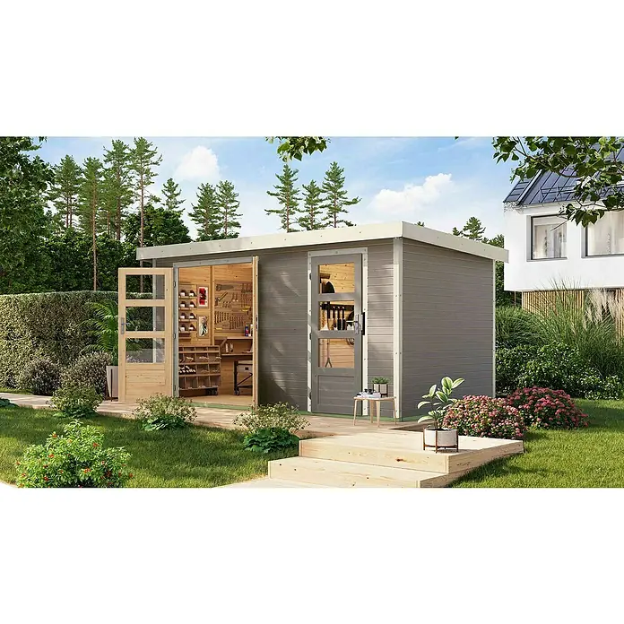Karibu Gartenhaus Merkur D - Außenmaß inkl. Dachüberstand (B x T): 431,5 x 235 cm, Holz, Wassergrau/Weiß - Moderne Gartenlaube mit großen Fenstern und einer Werkbank im Innenraum, umgeben von Grün. Der perfekte Ort für Hobby und Entspannung im Freien.
