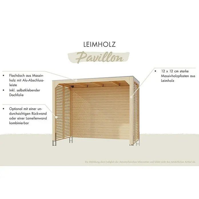 Karibu Grillpavillon - B x T: 320 x 320 cm, Farbe Gestell: Naturbraun, Holz - Abbildung eines Leimholz Pavillons mit Flachdach, Alu-Abschlussleiste, selbstklebender Dachfolie und optionaler Rückwand/Lamellenwand.