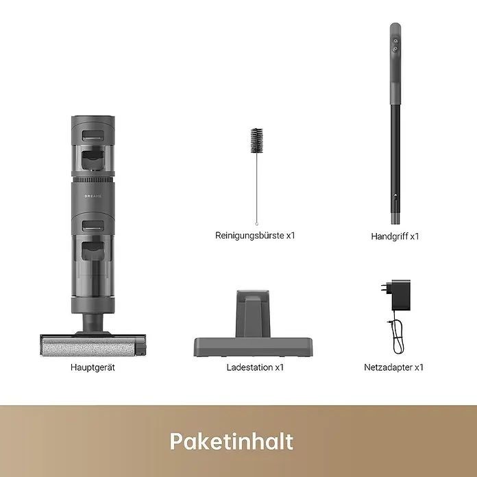 Dreame Akku-Nass-Trockensauger H11 Core - Saugkraft: 6.000 Pa, Akkulaufzeit: 22 min, Wassertankvolumen: 0,9 l - Abbildung des Paketinhalts eines Dreame Staubsaugers, inklusive Hauptgerät, Reinigungsbürste, Handgriff, Ladestation und Netzadapter.