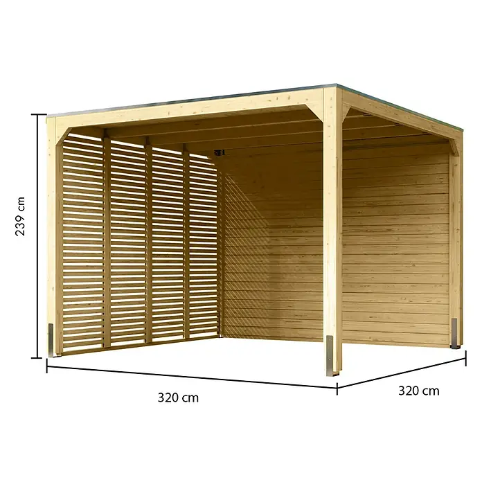 Karibu Grillpavillon - B x T: 320 x 320 cm, Farbe Gestell: Naturbraun, Holz - Heller Holzunterstand mit einer Lamellenwand und zwei geschlossenen Wänden, vorne offen.