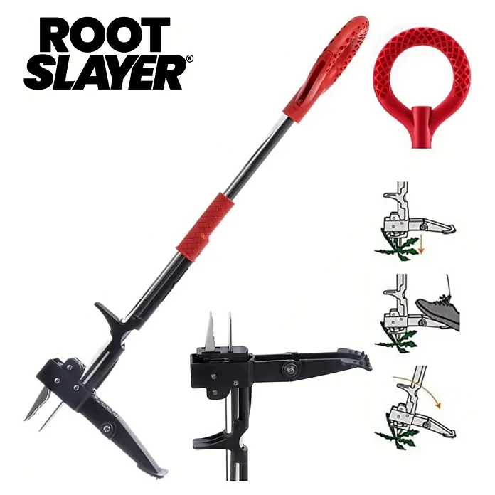 Root Slayer Unkrautstecher - Länge: 100 cm - Bild eines Root Slayer Unkrautstechers mit langem Griff, der das Unkrautjäten erleichtert und den Rücken schont.