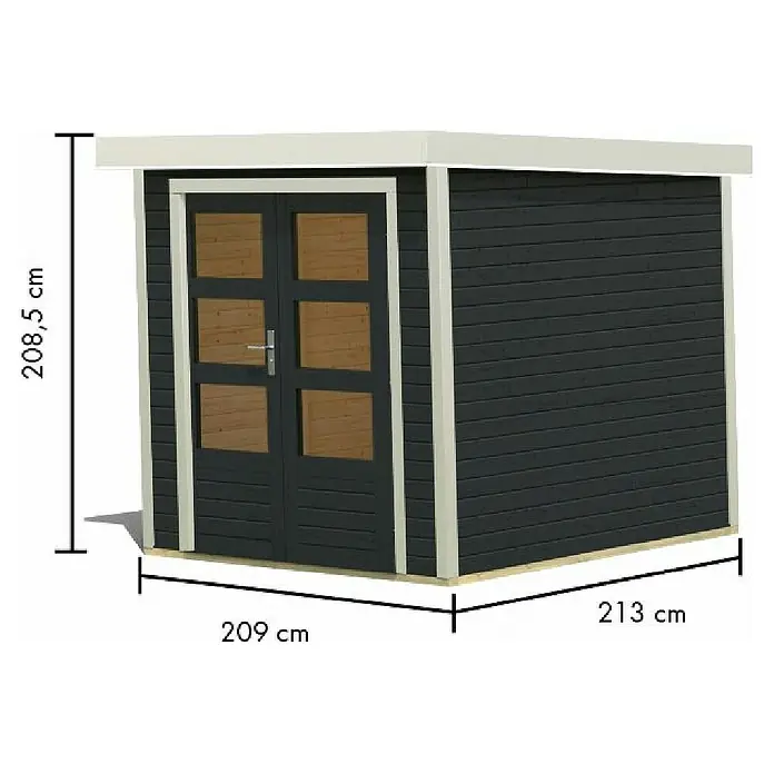 Karibu Gartenhaus Jupiter 2 C - Außenmaß inkl. Dachüberstand (B x T): 228,5 x 235 cm, Holz, Anthrazit/Weiß - Dunkelgrauer Holz-Gartenschuppen mit weißen Leisten und Doppeltüren. Misst 208,5 cm H, 209 cm B, 213 cm T.