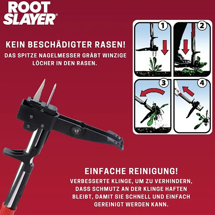 Root Slayer Unkrautstecher - Länge: 100 cm - Bild der Root Slayer Gartenkralle mit Anleitung zur einfachen Reinigung und zum Schutz des Rasens.