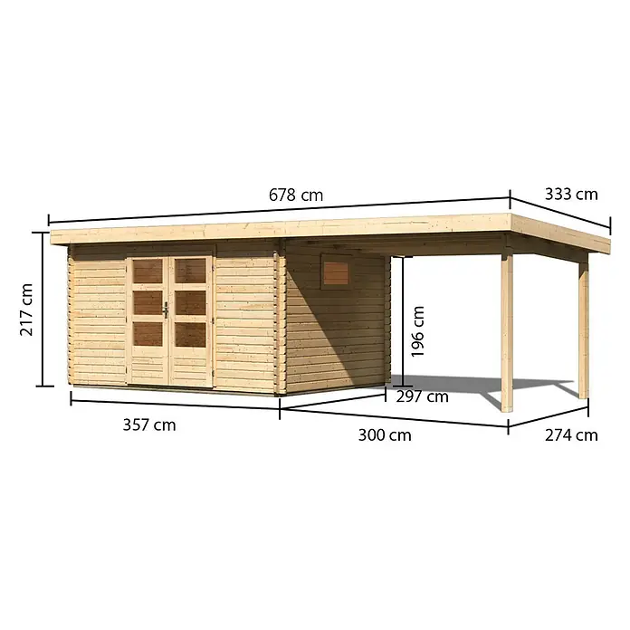 Karibu Gartenhaus - Außenmaß inkl. Dachüberstand (B x T): 678 x 333 cm, Holz, Naturbelassen, Mit Seitendach - Holzgartenhaus mit Doppeltüren und angebautem Carport, inklusive Maße.
