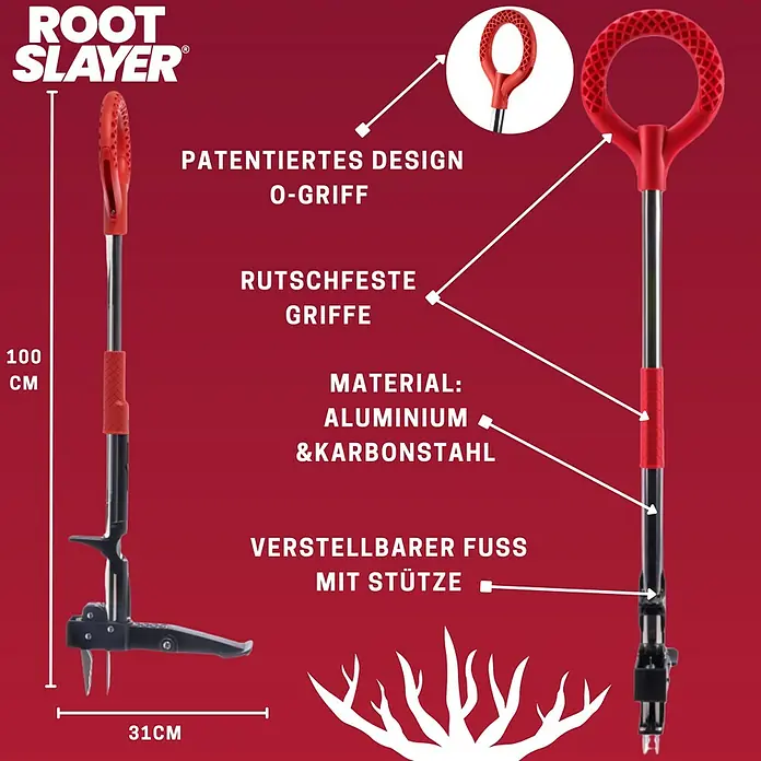 Root Slayer Unkrautstecher - Länge: 100 cm - Nahaufnahme eines Root Slayer Unkrautstechers mit O-Griff, rutschfesten Griffen, Aluminium- und Karbonstahlmaterial und verstellbarem Fuß mit Stütze.