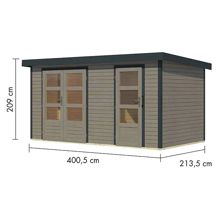 Karibu Gartenhaus Merkur D - Außenmaß inkl. Dachüberstand (B x T): 431,5 x 235 cm, Holz, Wassergrau/Anthrazit - Graues Holzgartenhaus mit Flachdach, Doppel- und Einzeltür mit Glas. Maße: 400,5x213,5x209 cm (LxBxH).