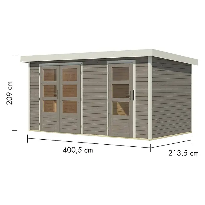Karibu Gartenhaus Merkur D - Außenmaß inkl. Dachüberstand (B x T): 431,5 x 235 cm, Holz, Wassergrau/Weiß - Grauer Holzgartenhaus mit zwei Türen und Fenstern. Maße: B 400,5 cm, H 209 cm, T 213,5 cm.