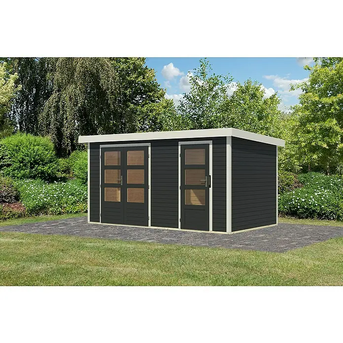 Karibu Gartenhaus Merkur C - Außenmaß inkl. Dachüberstand (B x T): 431,5 x 235 cm, Holz, Anthrazit/Weiß - Ein modernes Gartenhaus mit dunkler Holzverkleidung, weißen Akzenten und Glastüren, eingebettet in eine grüne Gartenumgebung.