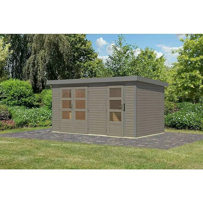 Karibu Gartenhaus Merkur D - Außenmaß inkl. Dachüberstand (B x T): 431,5 x 235 cm, Holz, Wassergrau/Grau - Modernes Gartenhaus mit Flachdach und Glastüren. Das perfekte Gartenhaus zur Aufbewahrung von Gartengeräten und Möbeln.