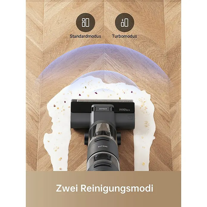 Dreame Akku-Nass-Trockensauger H11 Core - Saugkraft: 6.000 Pa, Akkulaufzeit: 22 min, Wassertankvolumen: 0,9 l - Der Dreame Staubsauger reinigt mit zwei Reinigungsmodi, Standard und Turbo, und entfernt effektiv Verschmutzungen vom Holzboden.