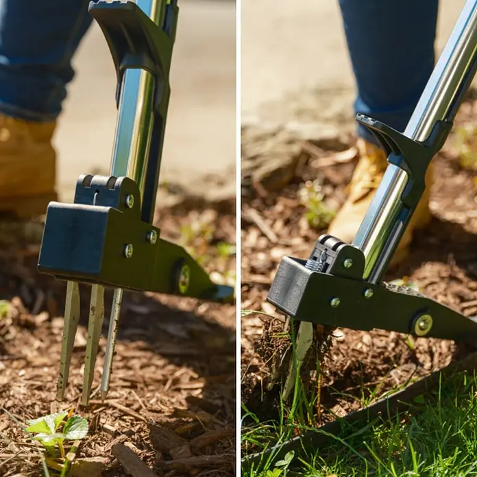 Root Slayer Unkrautstecher - Länge: 100 cm - Nahaufnahme eines Unkrautstechers mit Metallschaft und schwarzem Griff, der Unkraut aus dem Boden entfernt. Ideal für Gartenarbeiten.