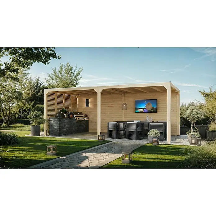 Karibu Grillpavillon - B x T: 627 x 320 cm, Farbe Gestell: Naturbraun, Holz - Eine moderne Holzpergola mit Grill, Essbereich und Fernseher bietet ein stilvolles Outdoor-Erlebnis im Garten. Die Beleuchtung sorgt für Atmosphäre.