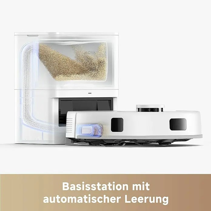 Mova Saugwischroboter E20 Plus - Saugkraft: 5.000 Pa, Akkulaufzeit: 260 min, Fassungsvermögen Roboter: 330 ml - Basisstation mit automatischer Entleerung. Der Saugroboter fährt zum Entleeren selbstständig zur Station und lädt sich auf.