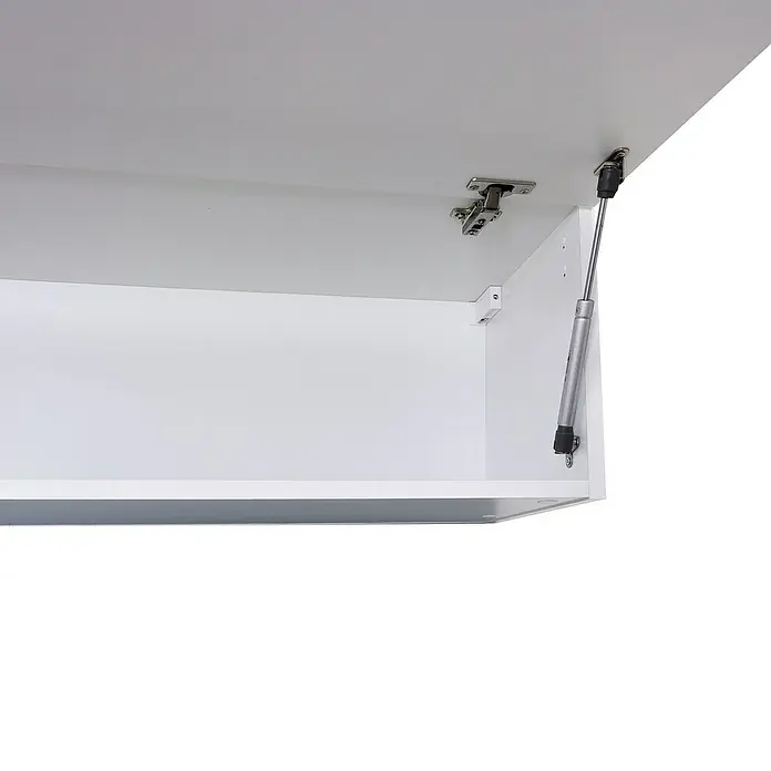 Flex-Well Rom  Küchen-Hängeschrank - 32 x 100 x 32 cm, Weiß - Nahaufnahme eines weißen Küchenschranks mit Gasdruckfeder und Scharnier, der eine moderne Funktionalität hervorhebt.