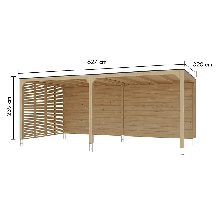 Karibu Grillpavillon - B x T: 627 x 320 cm, Farbe Gestell: Naturbraun, Holz - Holzcarport/Unterstand mit Lamellen- und Holzwänden. Maße: 627 cm L x 320 cm B x 239 cm H.