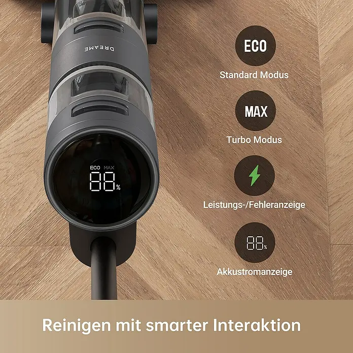 Dreame Akku-Nass-Trockensauger H11 Core - Saugkraft: 6.000 Pa, Akkulaufzeit: 22 min, Wassertankvolumen: 0,9 l - Ansicht eines Dreame-Staubsaugers mit smartem Display, das Akkustand und Reinigungsmodi anzeigt. Intelligente Interaktion für effiziente Reinigung.
