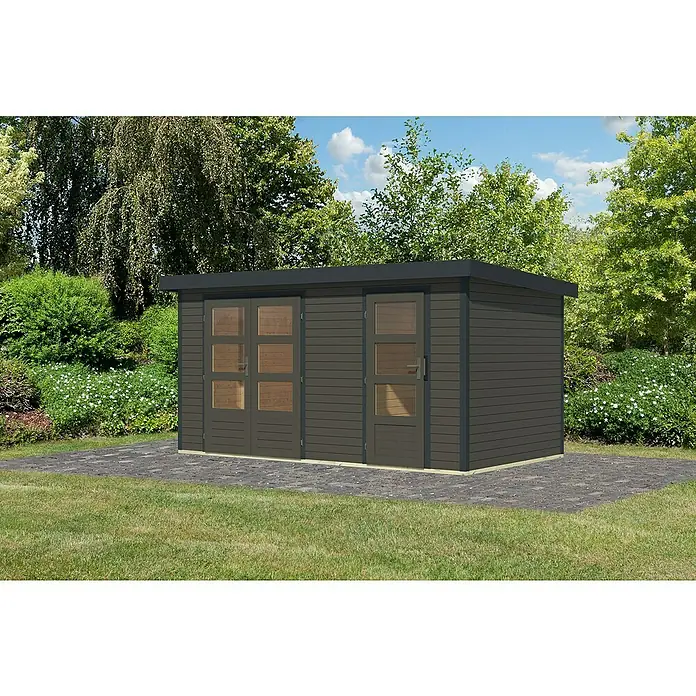Karibu Gartenhaus Merkur B - Außenmaß inkl. Dachüberstand (B x T): 431,5 x 235 cm, Holz, Terragrau/Anthrazit - Moderne Gartenlaube mit großen Fenstern und grauen Wänden, ideal für Entspannung im Garten.