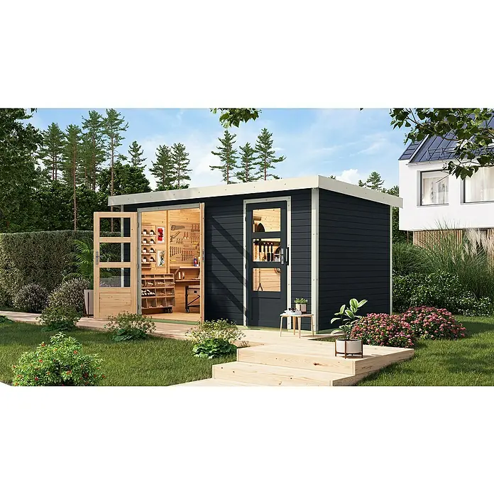 Karibu Gartenhaus Merkur C - Außenmaß inkl. Dachüberstand (B x T): 431,5 x 235 cm, Holz, Anthrazit/Weiß - Stilvolles Gartenhaus mit viel Stauraum und Werkzeugwand, umgeben von üppigem Grün. Ideal für Hobbygärtner und Heimwerker.