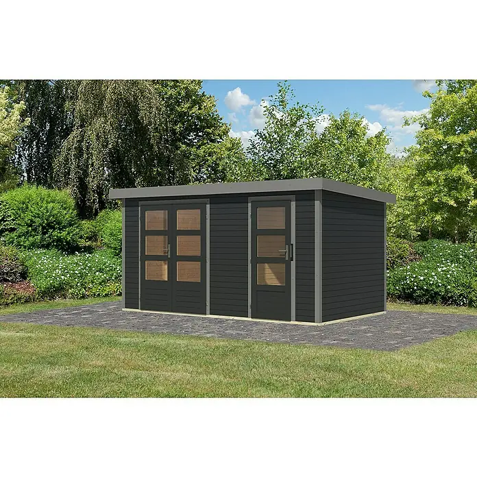 Karibu Gartenhaus Merkur C - Außenmaß inkl. Dachüberstand (B x T): 431,5 x 235 cm, Holz, Anthrazit/Grau - Bild eines modernen Gartenhauses mit grauer Fassade und großen Fensterfronten, umgeben von Grünflächen.