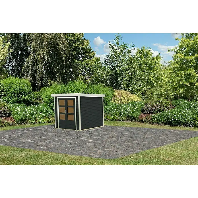 Karibu Gartenhaus Jupiter 2 C - Außenmaß inkl. Dachüberstand (B x T): 228,5 x 235 cm, Holz, Anthrazit/Weiß - Dunkelgrauer Geräteschuppen mit beigen Akzenten, ausgestattet mit Doppeltüren und auf einem gepflasterten Bereich im Garten platziert.