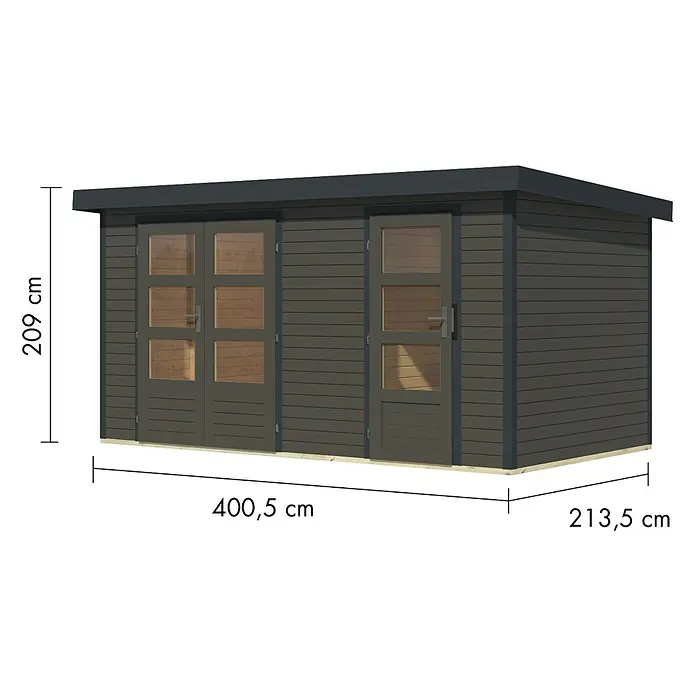 Karibu Gartenhaus Merkur B - Außenmaß inkl. Dachüberstand (B x T): 431,5 x 235 cm, Holz, Terragrau/Anthrazit - Dunkelgrauer Holz-Gartenschuppen mit Flachdach, Doppel- und Einfachglastüren. Maße: H 209 cm, B 400,5 cm, T 213,5 cm.