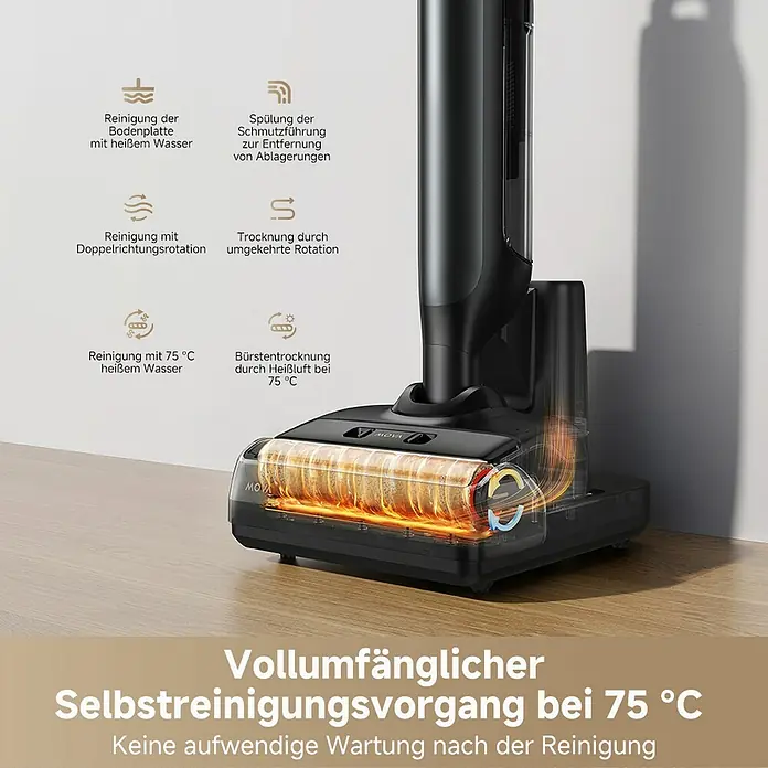 Mova Akku-Nass-Trockensauger M10 - Saugkraft: 18.000 Pa, Akkulaufzeit: 40 min, Wassertankvolumen: 0,8 l - Selbstreinigender Mopp mit Heißwasserfunktion. Mühelose Reinigung und Trocknung bei 75°C.
