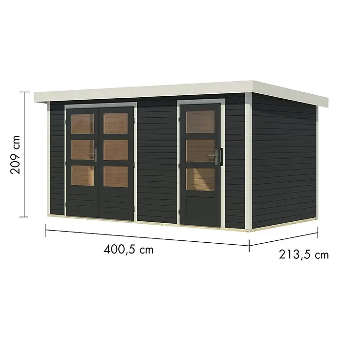 Karibu Gartenhaus Merkur C - Außenmaß inkl. Dachüberstand (B x T): 431,5 x 235 cm, Holz, Anthrazit/Weiß - Dunkelgraues Holzgartenhaus mit weißer Verkleidung, flachem weißem Dach und Glastüren. Maße 400,5 x 213,5 x 209 cm.