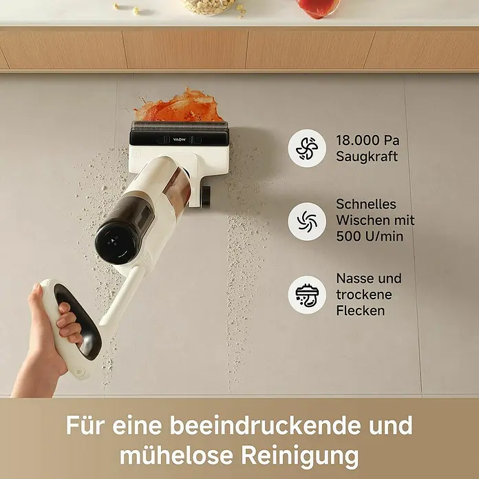 Mova Akku-Nass-Trockensauger K30 Mix - Saugkraft: 18.000 Pa, Akkulaufzeit: 30 min - 50 min, Wassertankvolumen: 0,6 l - Der VAOW-Saugwischer in Aktion, der mühelos sowohl trockene als auch nasse Verschmutzungen aufwischt und eine beeindruckende Reinigungsleistung bietet.
