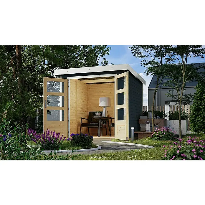 Karibu Gartenhaus Jupiter 2 C - Außenmaß inkl. Dachüberstand (B x T): 228,5 x 235 cm, Holz, Anthrazit/Weiß - Ein modernes Gartenhaus mit Doppeltüren und stilvoller Inneneinrichtung, eingebettet in eine grüne Gartenlandschaft.