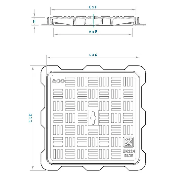 ACO Tapa de registro Guss Basic B125 - 400 x 400 mm - Ilustración de una tapa de alcantarilla ACO B125 con dimensiones A x B, C x D, E x F y altura H.