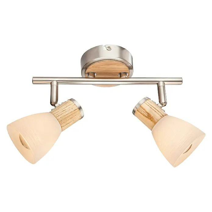 Globo Gylfii Regleta - 80 W, L x An x Al: 25,5 x 9 x 15,5 cm, Níquel mate, E14, Número de bombillas: 2 ud. - Lámpara de techo moderna con dos focos, con madera y metal, ideal para espacios de vida elegantes.